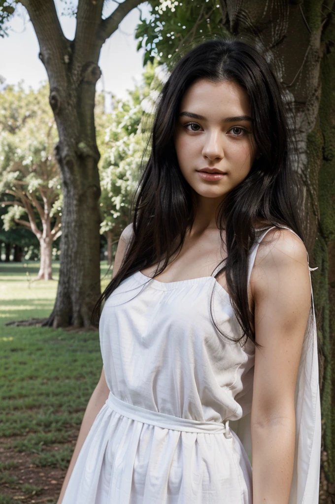 Photograpy,UHD,Realistic, beautiful woman. 20 years old, fair skin ,Long Black Hair scale 1:1 wearing a plain white nightgown standing under a big tree