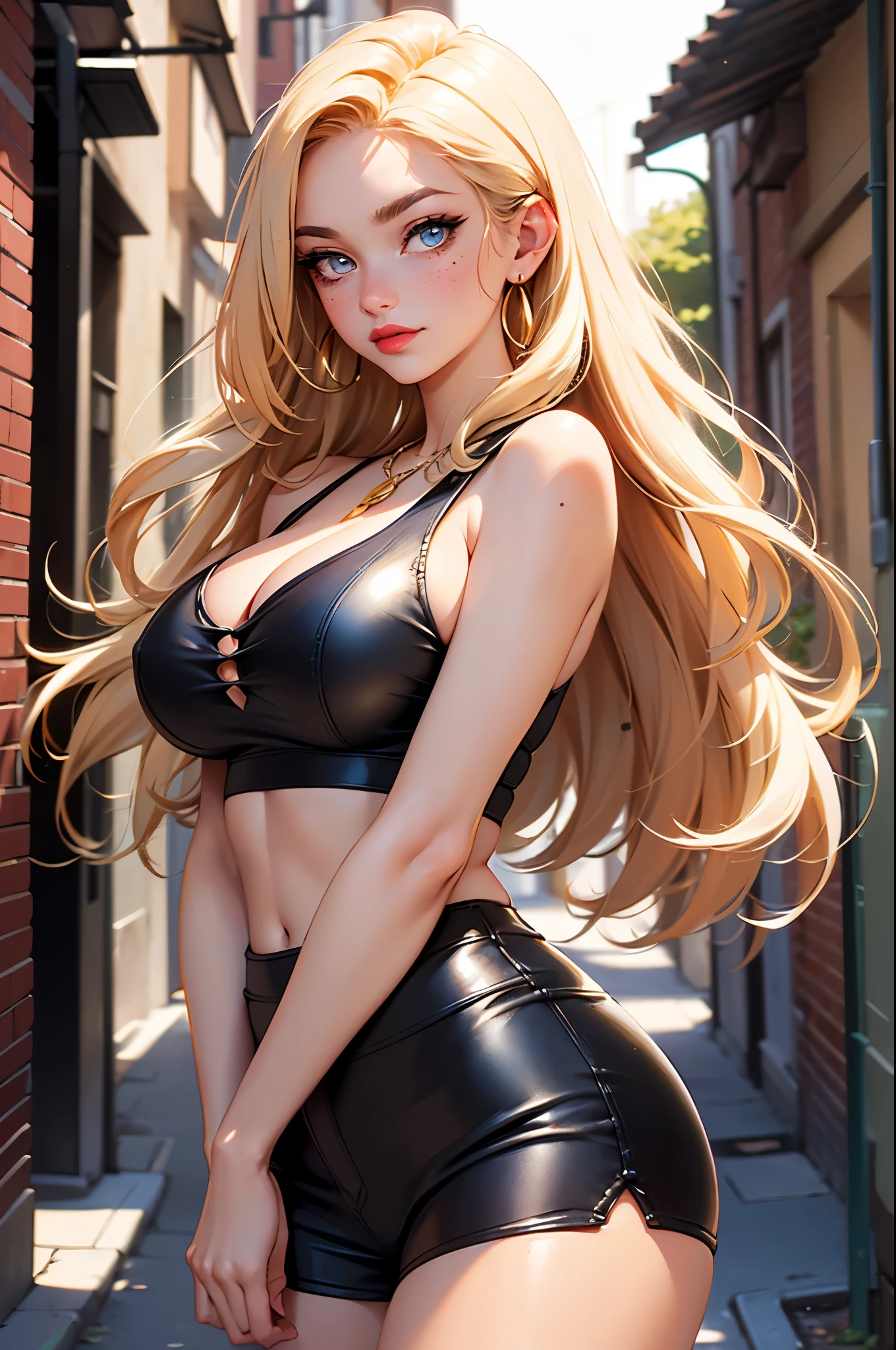 (Blonde stunning hair), (blue eyes), blue necklace, Golden earrings, Fit, Gorgeous Body, gorgeous, brown eyebrows, (two moles over lip), big pupils, (23 years old), 1girl,solo, complex skin, warm light, (large breasts), wide thighs, round butt, 5 fingers, ((blushing)), ((detailed face, best quality)), (masterpiece)), ((ultra-detailed)), (beautiful detailed eyes), red lip, eyeshadow, beautiful face, long hair, very detailed eyes, intricate details in eyes, perfect lips, good lighting, cleavage, ((disgusted mean face)), wearing casual revealing hot clothes, in a crowded alley,  wearing leather boots, shoes Infront of the camera, show shoes, focus on shoes 