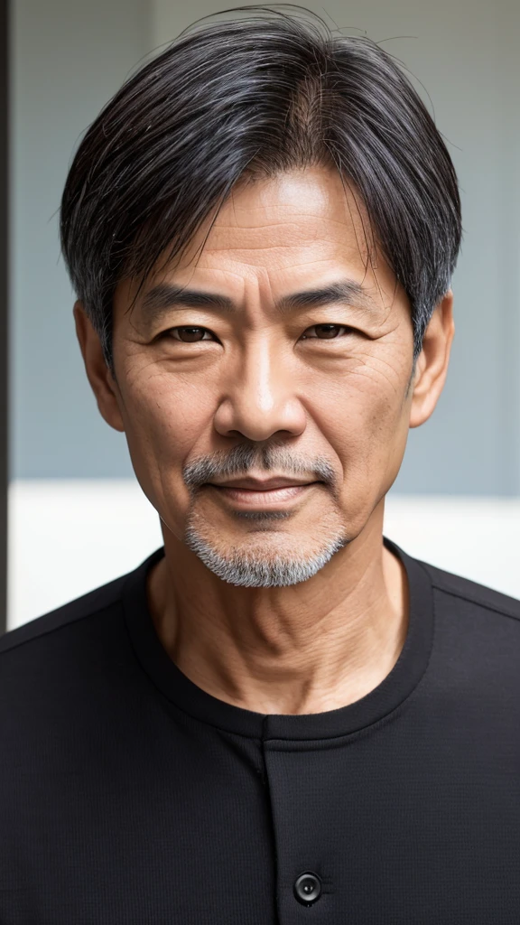 Male in his 50s, Japanese, light black short hair, brown eyes, friendly impression, senior-like mature and casual clothing, face beginning to show fine lines, upper body in focus, frontal composition