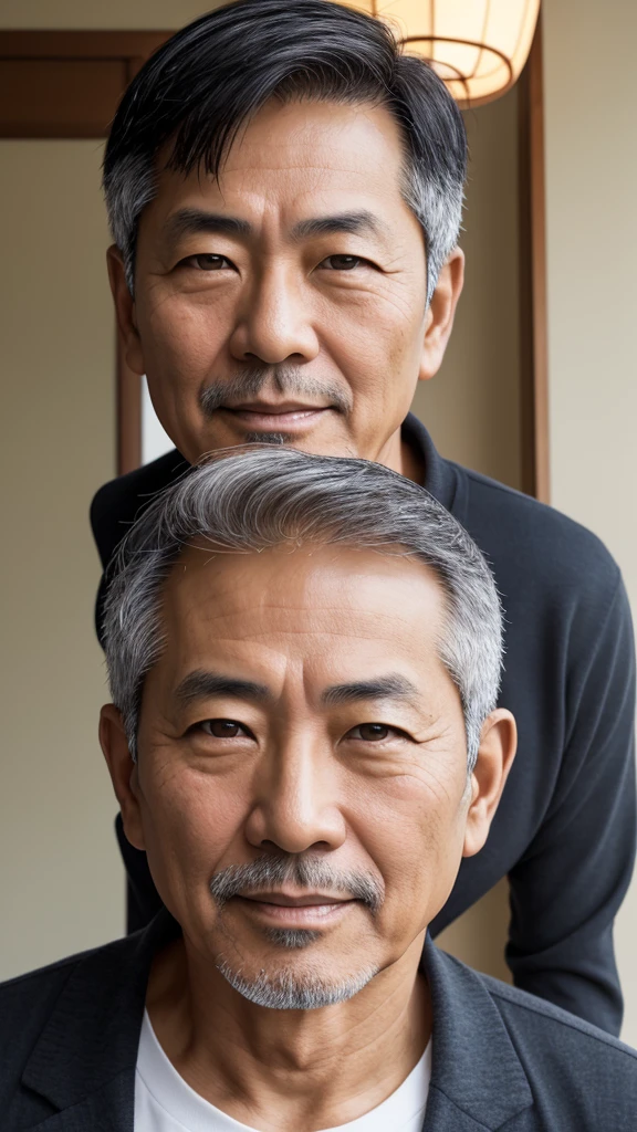 Male in his 50s, Japanese, light black short hair, brown eyes, friendly impression, senior-like mature and casual clothing, face beginning to show fine lines, upper body in focus, frontal composition