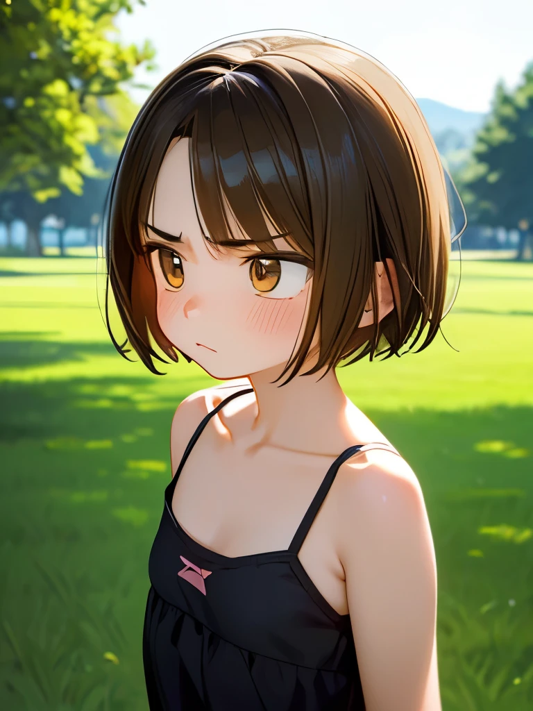 Masterpiece,ultra detailed,best quality,anime, Girl, light brown hair, very short hair, boyish,((puffy face, sullen look) ), dissatisfied ,camisole, small breasts, short,, outdoors,