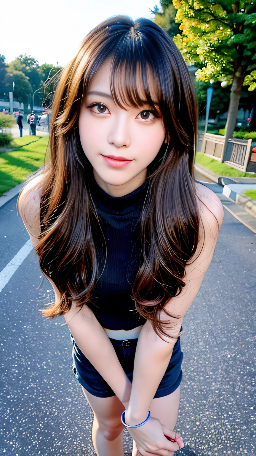 seed:4195271995,((Full Body Angle:1.1)),((Highest quality, 8K, masterpiece: 1.3)), concentrated: 1.2,Front hair:1.3, Cute girl 1,Nipples erect、 Perfect beauty: 1.4,Colorful ribbed knit half-zip T-shirt、Shorts,: 1.2,Randall Color、comics&Text Graphics、Black,1.1, Highly detailed face and skin textures, Fine grain, double eyelid, whitening skin, ,Highest quality,Ultra-high resolution,you,1 girl,alone,_Shiny_skin,Iris,necklace,((brown_length_Wavy_hair)),(lips)),eyelash,Front hair,deal with,compensate,Shiny,pore,skin big breasts、smiling face、Front hair、Walking in the park、walk