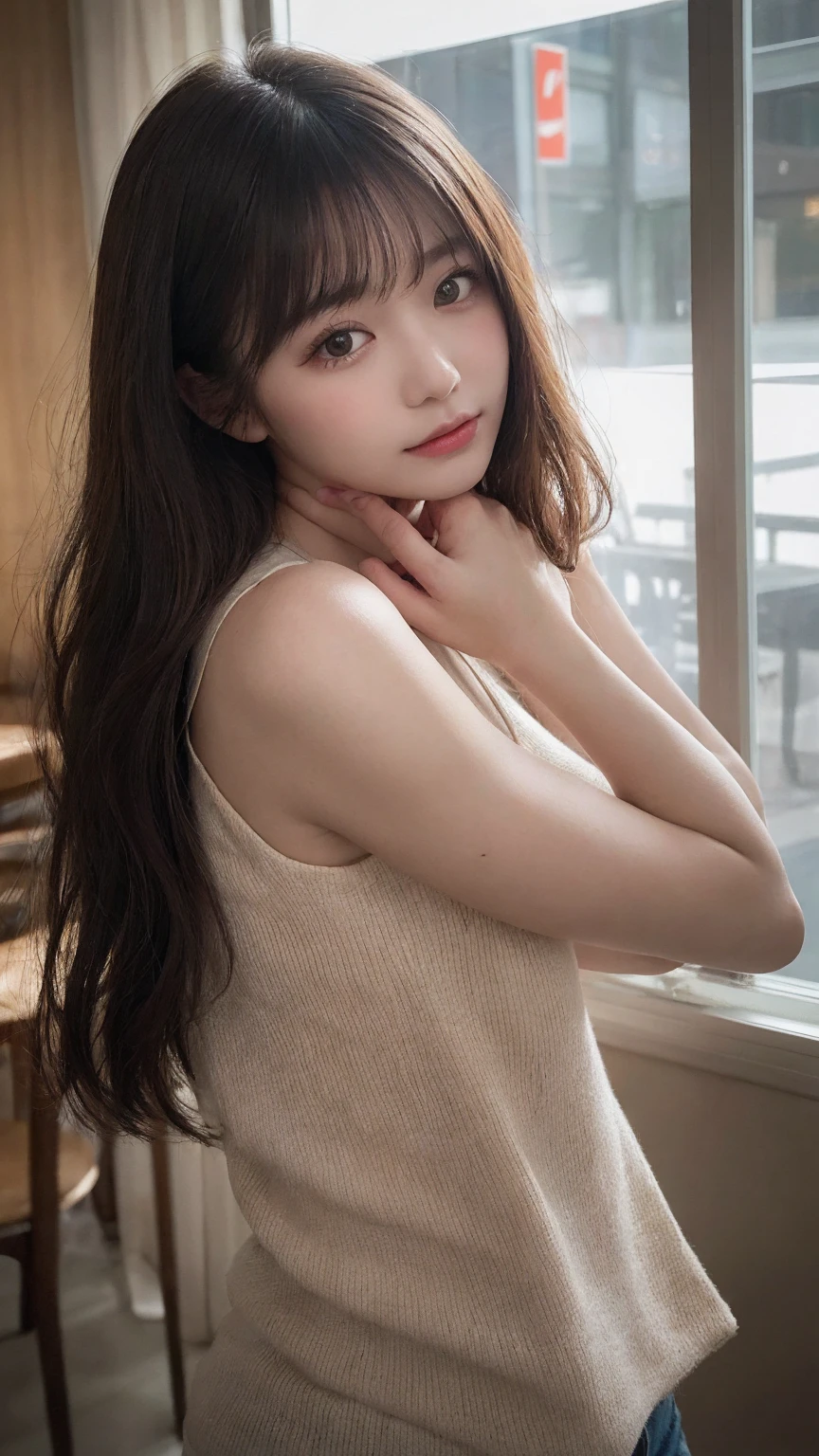 In detail, High resolution, high quality、Perfect dynamic composition, Beautiful attention to detail, Medium Hair, small 、Natural color lip,Kamimei、Shibuya Ward、20-year-old girl、1 person、Clear Skin、Shiny Hair、Tabletop, 最high quality, figure, Super detailed, In detail, High resolution, 8K、The correct state of the human body、Random pose、、Sculpture model pose，Hair dancing in the wind、