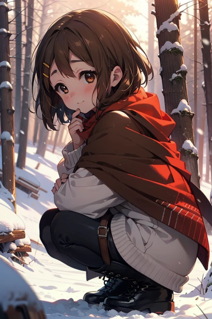 yuihirasawa, Yui Hirasawa, short hair, Brown Hair, hair ornaments, (Brown eyes:1.5), Hair Clip、smile,smile,blush,White Breath,
Open your mouth,snow,Ground bonfire,, Outdoor, boots, snowing, From the side, wood, suitcase, Cape, Blurred, , forest, White handbag, nature,  Squat, Mouth closed, Cape, winter, Written boundary depth, Black shoes, red Cape break looking at viewer, Upper Body, whole body, break Outdoor, forest, nature, break (masterpiece:1.2), Highest quality, High resolution, unity 8k wallpaper, (shape:0.8), (Beautiful and beautiful eyes:1.6), Highly detailed face, Perfect lighting, Highly detailed CG, (Perfect hands, Perfect Anatomy),