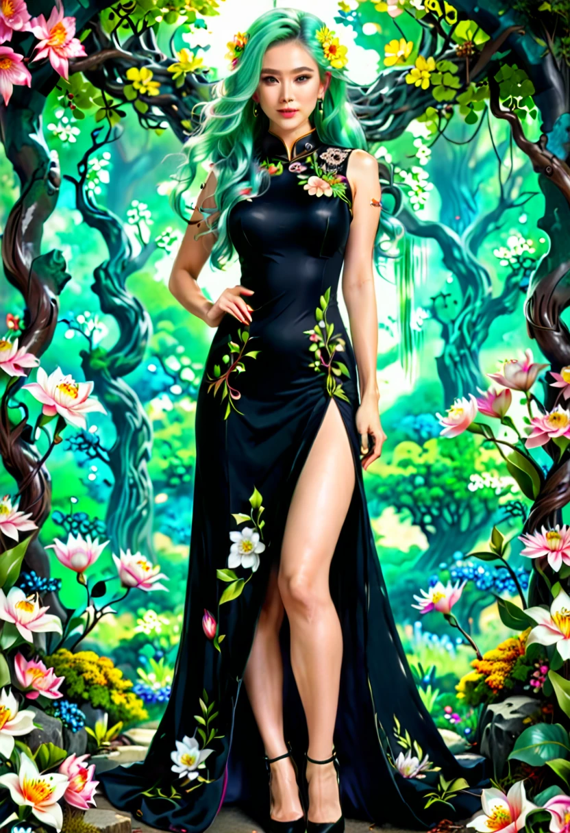 igh details, best quality, 16k, [ultra detailed], masterpiece, best quality, (extremely detailed), full body, ultra wide shot, photorealistic, fantasy art, dnd art, rpg art, realistic art, an ultra wide picture of a exotic, exquisite beautiful woman wearing ((black Cheongsam with lively vivid flowers, the flowers grow from the Cheongsam to be alive : 1.5), she wears, (knee high laces heel boots: 1.2), (light green hair: 1.2), long hair, wavy hair, pale skin, (deep blue eyes, Intense gaze: 1.2), ((anatomically correct: 1.5)), fantasy druid grove background, dynamic background, high details, best quality, highres, ultra wide angle, flower dress, DruidMagicAI