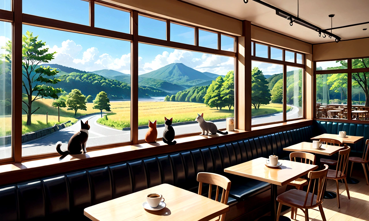 Large windows and trees々Restaurant table and chairs with a view, Cafe interior, Cafe, sitting in a Cafe alone, sitting alone in a Cafe, in karuizawa, Indoor Settings, coffee shop, Quiet and peaceful atmosphere, Cozy and quiet atmosphere, Sunny atmosphere, sitting in a Cafe, Cafe for felted animals, Cozy and welcoming atmosphere