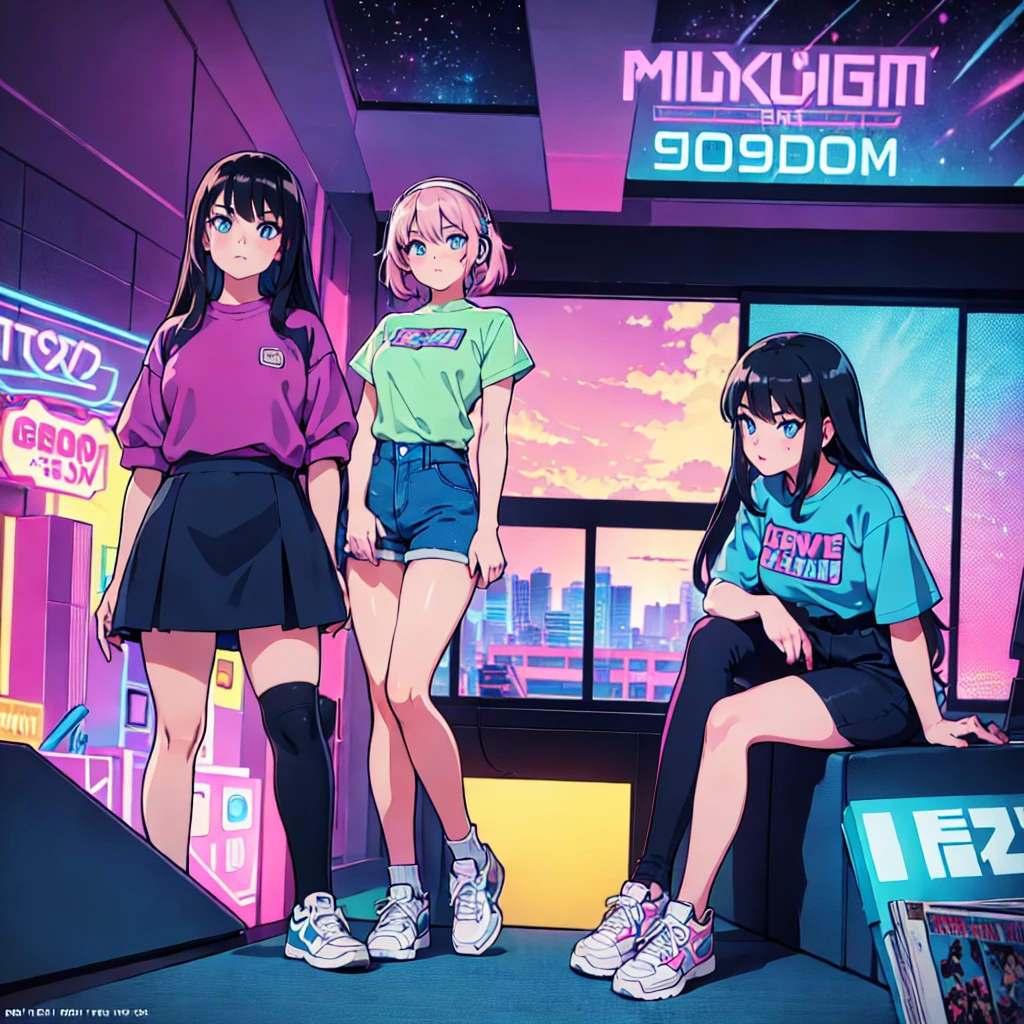 (masterpiece), Highest quality, Expressive eyes, Neon pastel aesthetics, Retro 90s, Neon color,((Girl sitting on sofa,In a cozy room,Records hanging on her wall, Comic books on the floor, Looking out the window behind her at the night city, Upholstered room, Anime figures lined up on a shelf)), Wearing headphones, (All around her it sparkles), (wearing thick colorful sneakers), (blue eyes), (Soft look), (Synthwave Art Style), Colorful Hair, Desk with PC set up