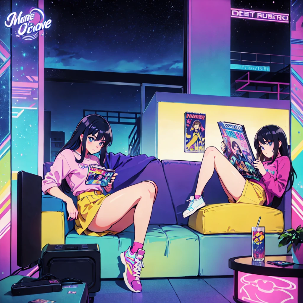 (masterpiece), Highest quality, Expressive eyes, Neon pastel aesthetics, Retro 90s, Neon color,((Girl sitting on sofa,In a cozy room,Records hanging on her wall, Comic books on the floor, Looking out the window behind her at the night city, Upholstered room, Anime figures lined up on a shelf)), Wearing headphones, (All around her it sparkles), (wearing thick colorful sneakers), (blue eyes), (Soft look), (Synthwave Art Style), Colorful Hair, Desk with PC set up