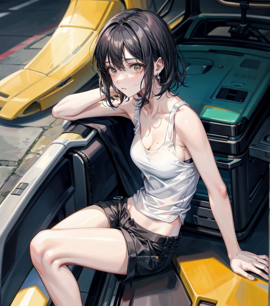 whole body, solo, alone, delicate facial features, medium tits, medium hair, black hair, tearful mole, earring, tank top shirt, cargo pants, shorts,