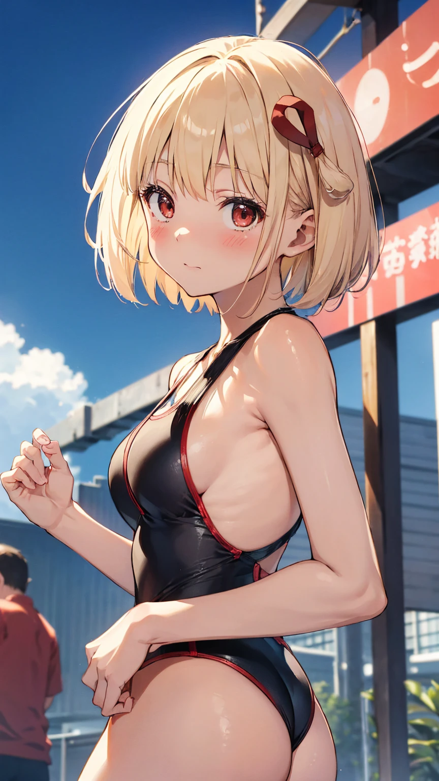 Chisato Nishikigi、Good looking girl (Short blonde hair with square bangs, Big Red Eyes,blush, Embarrassed、Perfect face sheer swimsuit), independent , Looking into the camera, masterpiece, Anime art style, Cute Characters, Most detailed, high quality、Turning her back、