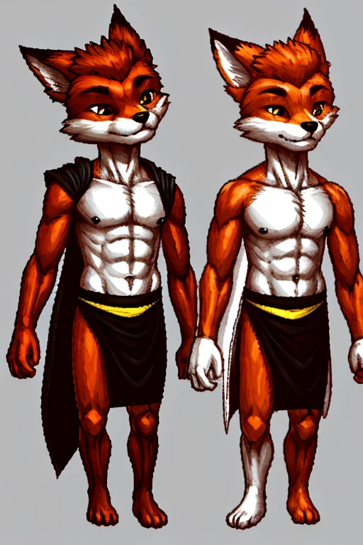 realistic drawing style, sinister mutant cloth toy, with life, stopped, 3 images of front, back and side, Puppy, catboy, red fox, White background, black andwhite