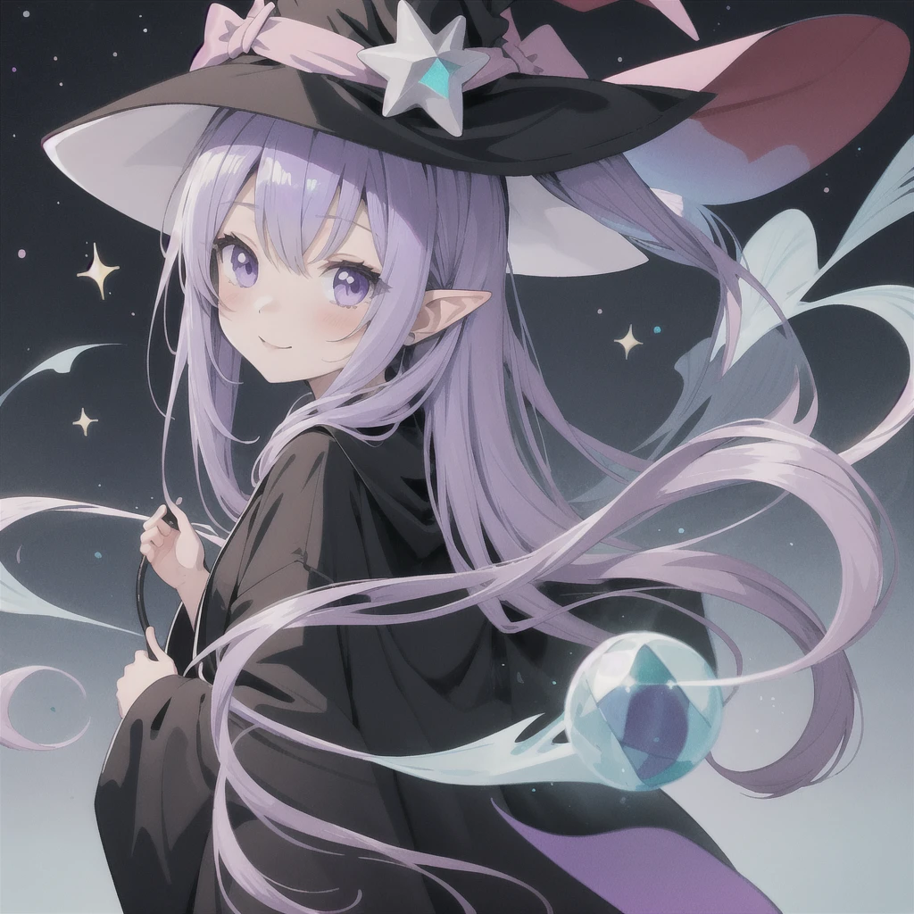 anime girl long purple hair wearing a black Robe. she has pointy ears. Witch Hat. Manga kawaii. iridescent ,An illustration, 0ne person .look back