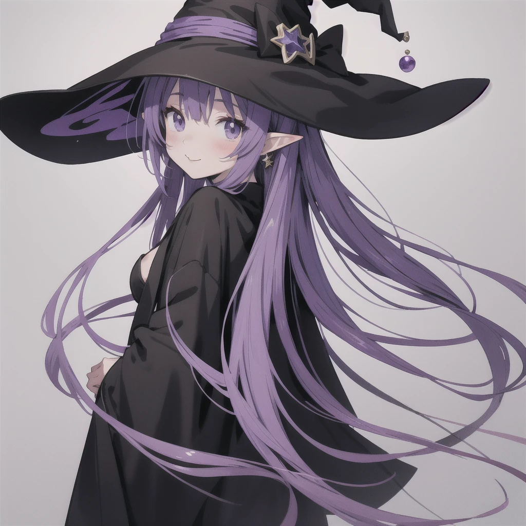 anime girl long purple hair wearing a black Robe. she has pointy ears. Witch Hat. Manga kawaii. iridescent ,An illustration, 0ne person .look back