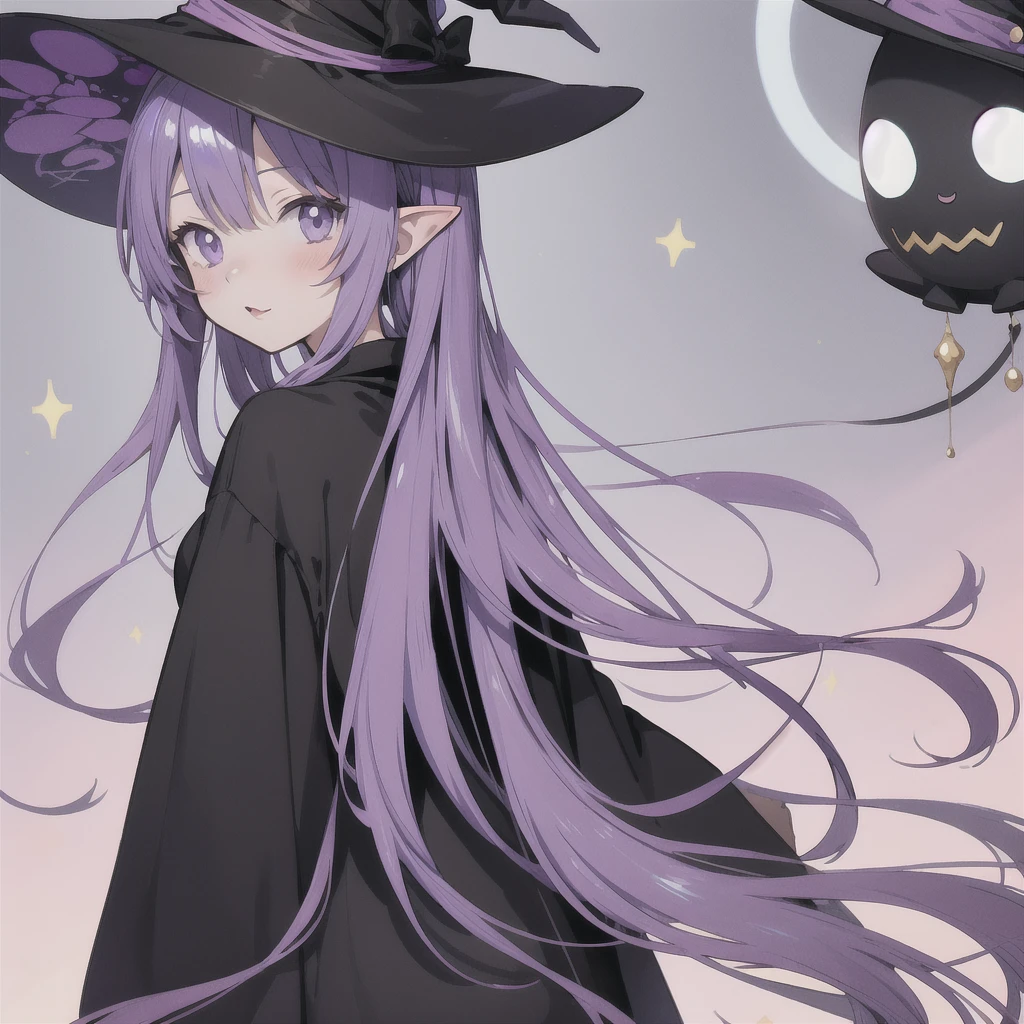 anime girl long purple hair wearing a black Robe. she has pointy ears. Witch Hat. Manga kawaii. iridescent ,An illustration, 0ne person .look back