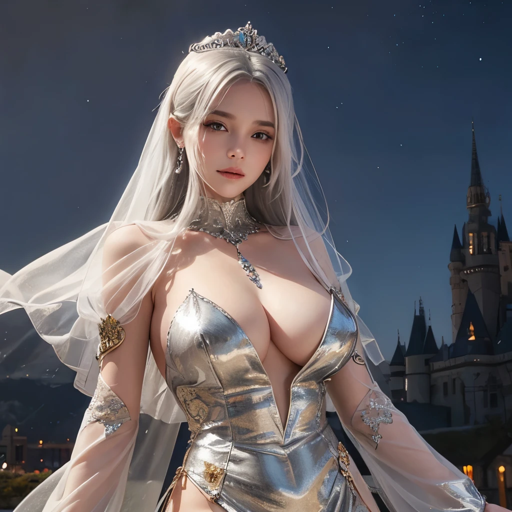 Girl, transparent, see through, silver and gold dress, topless, silver hair, tiara, glove, chokes, silver long sleeves, silver veils, ear wear, detailed hand, oval face, smile, picture form top to knee, sexy pose, extra large breasts, look at camera, camera from top, detailed, night, castle background, photorealistic, best quality