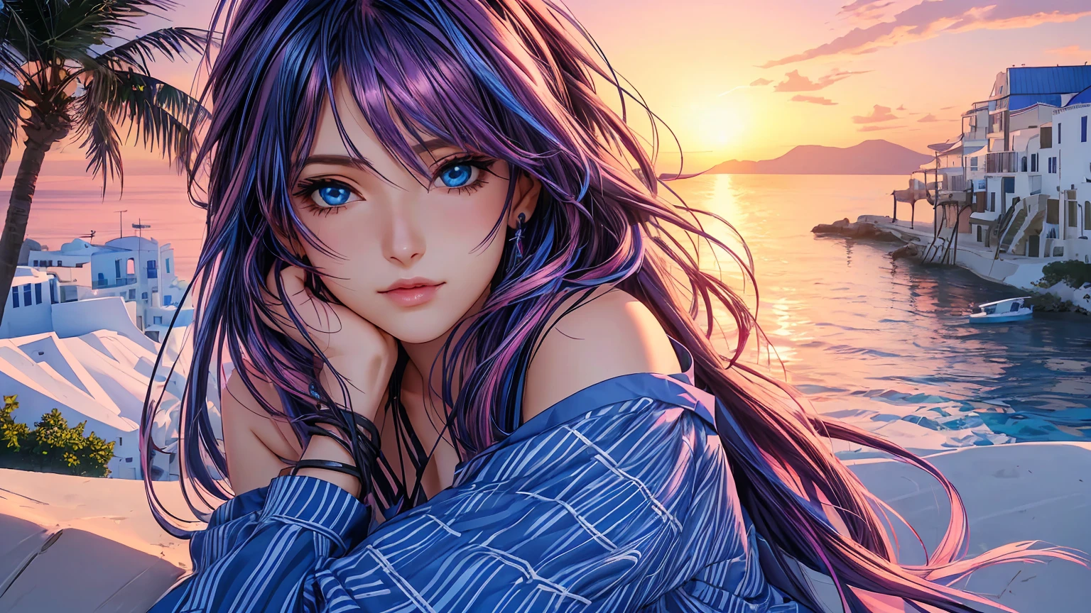 Woman in Greece portrait anime dark blue hair streaked pink purple hair blue eyes Nikon camera sunset hour realistic photography Beach House at Greek island animation realistic brown hair