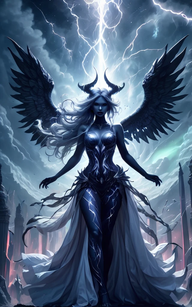 Full body shot, Demoness, busty, ((highest quality)),(ultra high resolution),(Super detailed),(detailed description),((best CG)),(best work of art),super precision art,amazing drawing art,(Fantasy art with intricate detail:1.5), A spear of light that pierces heaven and earth,Lightning emanating from the aurora cuts through the night sky,Angels blowing the trumpets of the end