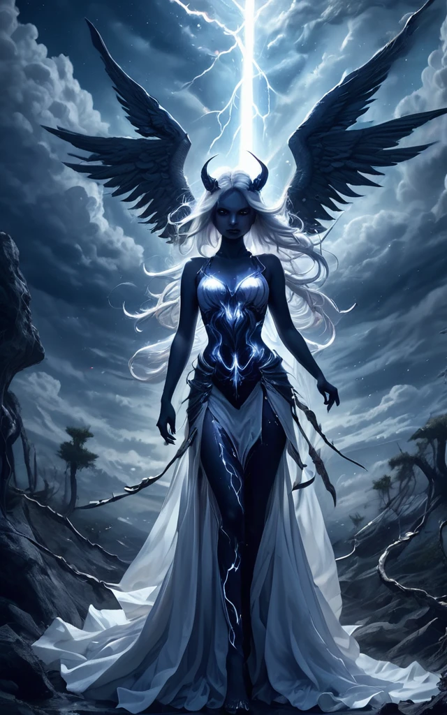 Full body shot, Demoness, busty, ((highest quality)),(ultra high resolution),(Super detailed),(detailed description),((best CG)),(best work of art),super precision art,amazing drawing art,(Fantasy art with intricate detail:1.5), A spear of light that pierces heaven and earth,Lightning emanating from the aurora cuts through the night sky,Angels blowing the trumpets of the end