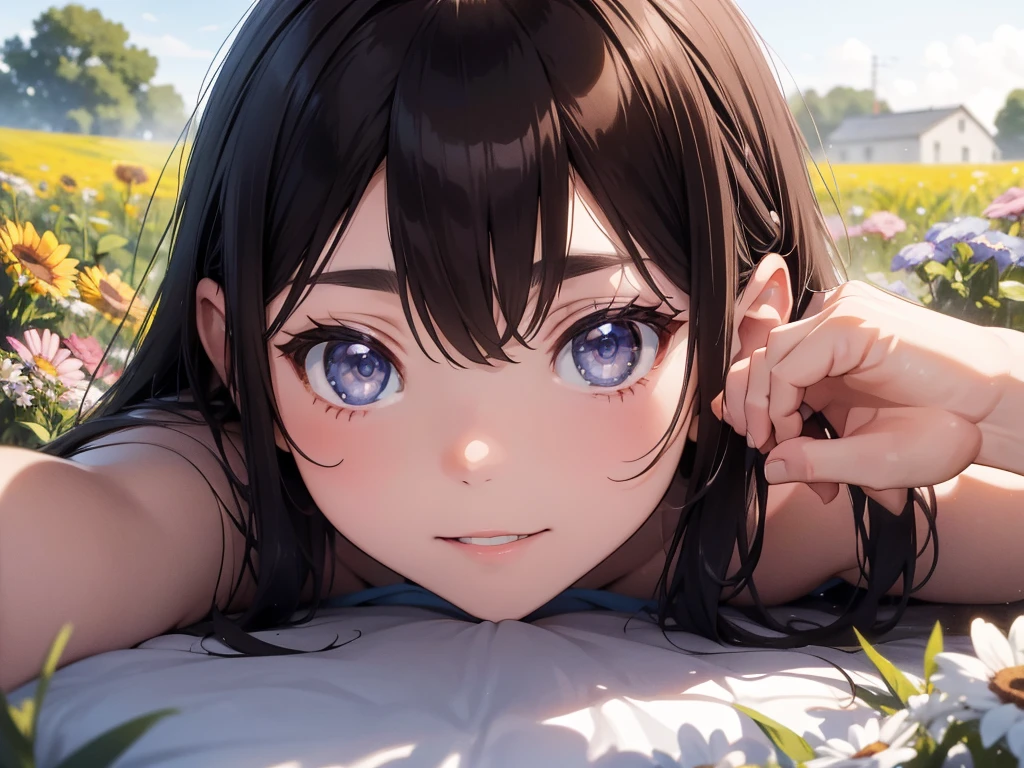 woman,long hair,brown hair,blue eyes,Lie on your back and look at the sky in a field of flowers.,clear sky,detailed face,Detailed background