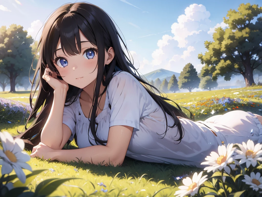 woman,long hair,brown hair,blue eyes,Lie on your back and look at the sky in a field of flowers.,clear sky,detailed face,Detailed background