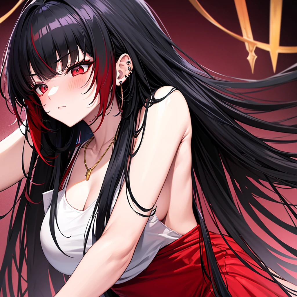 anime panel,upper body, 1girl,solo Korean, long black curly hair with red highlights, red slanted eyes, casual clothes, ear piercing, necklace, hair illuminated by party lights, party background, long chic dress,angry expression,closed eyes,blushing