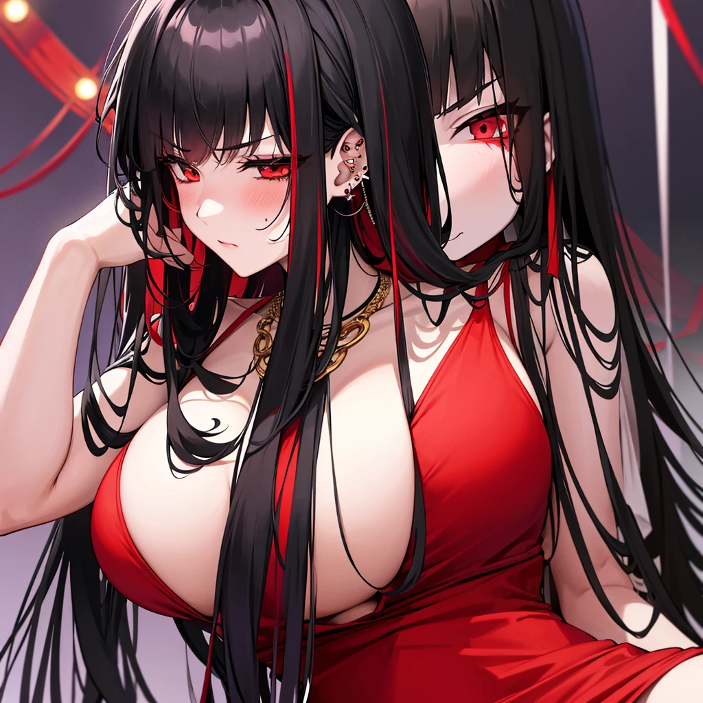 anime panel,upper body, 1girl,solo Korean, long black curly hair with red highlights, red slanted eyes, casual clothes, ear piercing, necklace, hair illuminated by party lights, party background, long chic dress,angry expression,closed eyes,blushing