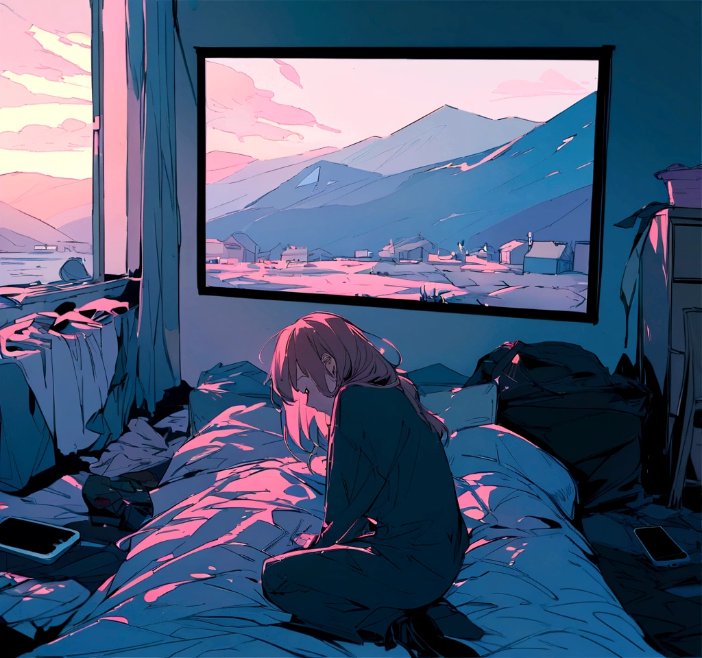 messy room. Woman kneeling on the bed. She looks down. I can't see her face. Great iPhone with screen on. High quality down to the smallest detail. beautiful landscape. Removed person.
