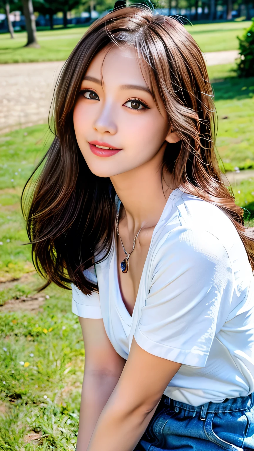 seed:4195271995,((Full Body Angle:1.1)),((Highest quality, 8K, masterpiece: 1.3)), concentrated: 1.2,Front hair:1.3, Cute girl 1,Nipples erect、 Perfect beauty: 1.4,Colorful ribbed knit half-zip T-shirt、Shorts,: 1.2,Randall Color、comics&Text Graphics、Black,1.1, Highly detailed face and skin textures, Fine grain, double eyelid, whitening skin, ,Highest quality,Ultra-high resolution,you,1 girl,alone,_Shiny_skin,Iris,necklace,((brown_length_Wavy_hair)),(lips)),eyelash,Front hair,deal with,compensate,Shiny,pore,skin big breasts、smiling face、Front hair、Walking in the park、walk