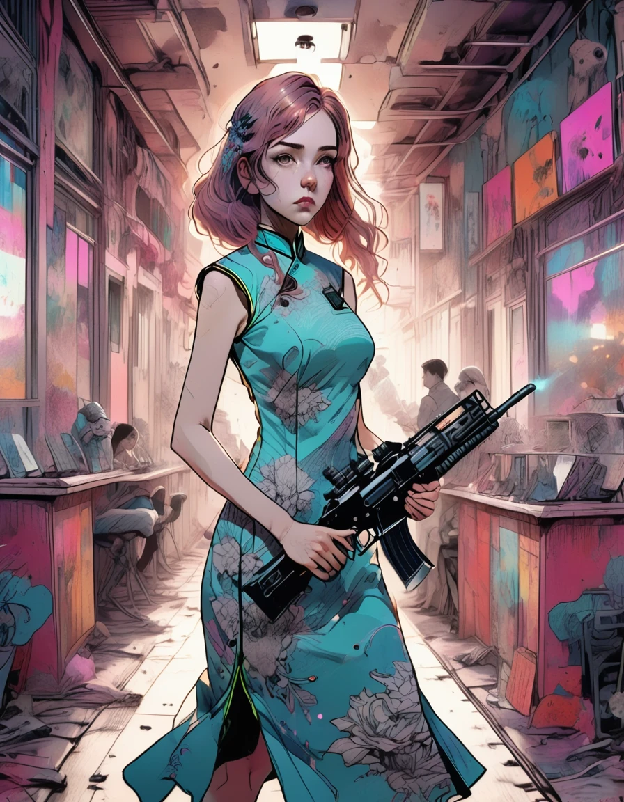 Young beautiful woman_Focused，Robot with long flowing hair((Tight cheongsam dress:1.9))，(assault rifle high speed shooting:1.7)，(motion blur effect:1.5)，Chaos in the casino，crazy，destroy，(Best quality，4K，8K，high resolution，masterpiece:1.2)，Ultra Detailed，(reality，reality感，reality感:1.37)，Detailed facial features，Intricate clothing patterns，Striking pose，Dramatic lighting，Film composition，Vibrant colors，And the dystopian atmosphere，