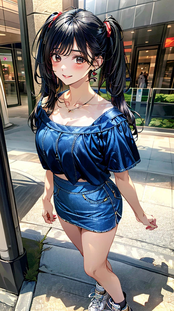(masterpiece:1.3, Highest quality, Ultra-high resolution：1.2, Super detailed、8K), (Realistic, photoRealistic:1.4), Beautiful illustrations, Perfect lighting, colorful, Depth of written boundary, Beautiful detailed hair, Beautifully detailed face, Beautiful fine details, Droopy eyes、Beautiful clavicle, Beautiful body, 美しいLarge Breasts, Beautiful thighs, Beautiful feet, Beautiful fingers, View Viewer、Front view:0.6, Beauty1人, Japanese, Beauty、30 years old, Perfect Face, (Perfect Anatomy, Anatomically correct), Cute and symmetrical face, Baby Face, , Shiny skin,White off-the-shoulder blouse:1.4), ((Denim skirt:1.5))  、(sneakers:1.3)、(Black Hair, Twin tails:1.4), braided bangs、Dark brown eyes, (Large Breasts, Slim body), necklace, Small earrings:1.1, (Beautiful views), (noon),  Shopping mall、Are standing、 A soft smile、(Smile, Lips parted),