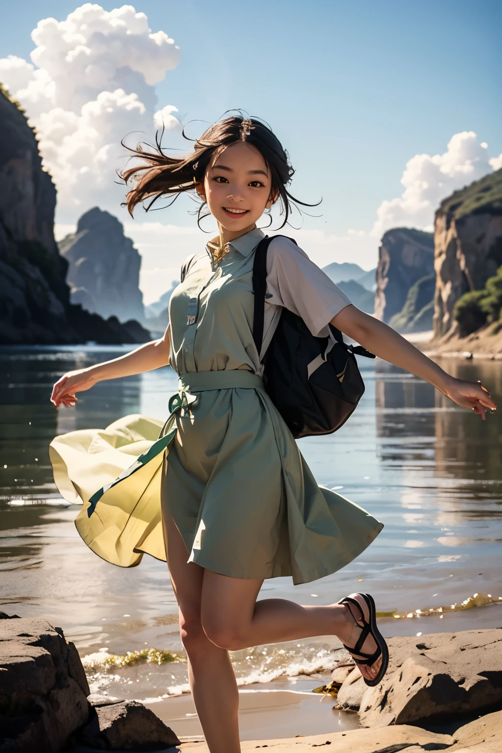 Photography of an adorable girl in modern attire, carrying a backpack, joyfully leaping and stepping on jade-colored auspicious clouds. Her entire body embodies the texture of jade, with hues of white and jade green, captured in a realistic photograph that showcases the fusion of human form and precious stone. The whimsical scene captures the girl's playful spirit as she dances above the clouds, blending the earthly with the ethereal in a visually enchanting composition