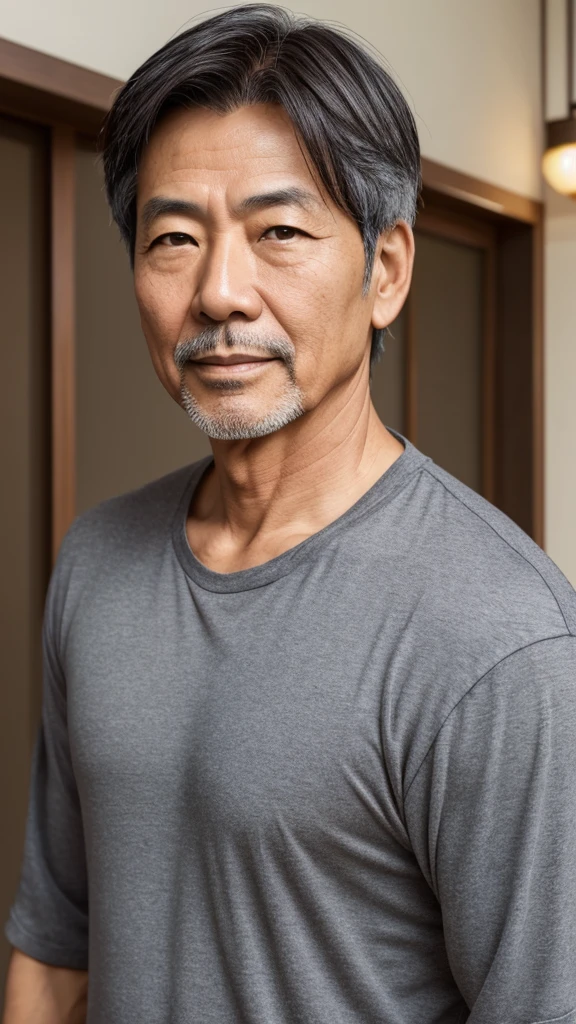 Male in his 50s, Japanese, short black hair with some gray, brown eyes, friendly impression, mature and casual clothing as a senior, face beginning to show fine lines, upper body in focus, frontal composition