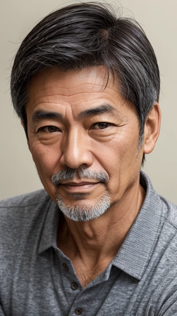 Male in his 50s, Japanese, short black hair with some gray, brown eyes, friendly impression, mature and casual clothing as a senior, face beginning to show fine lines, upper body in focus, frontal composition