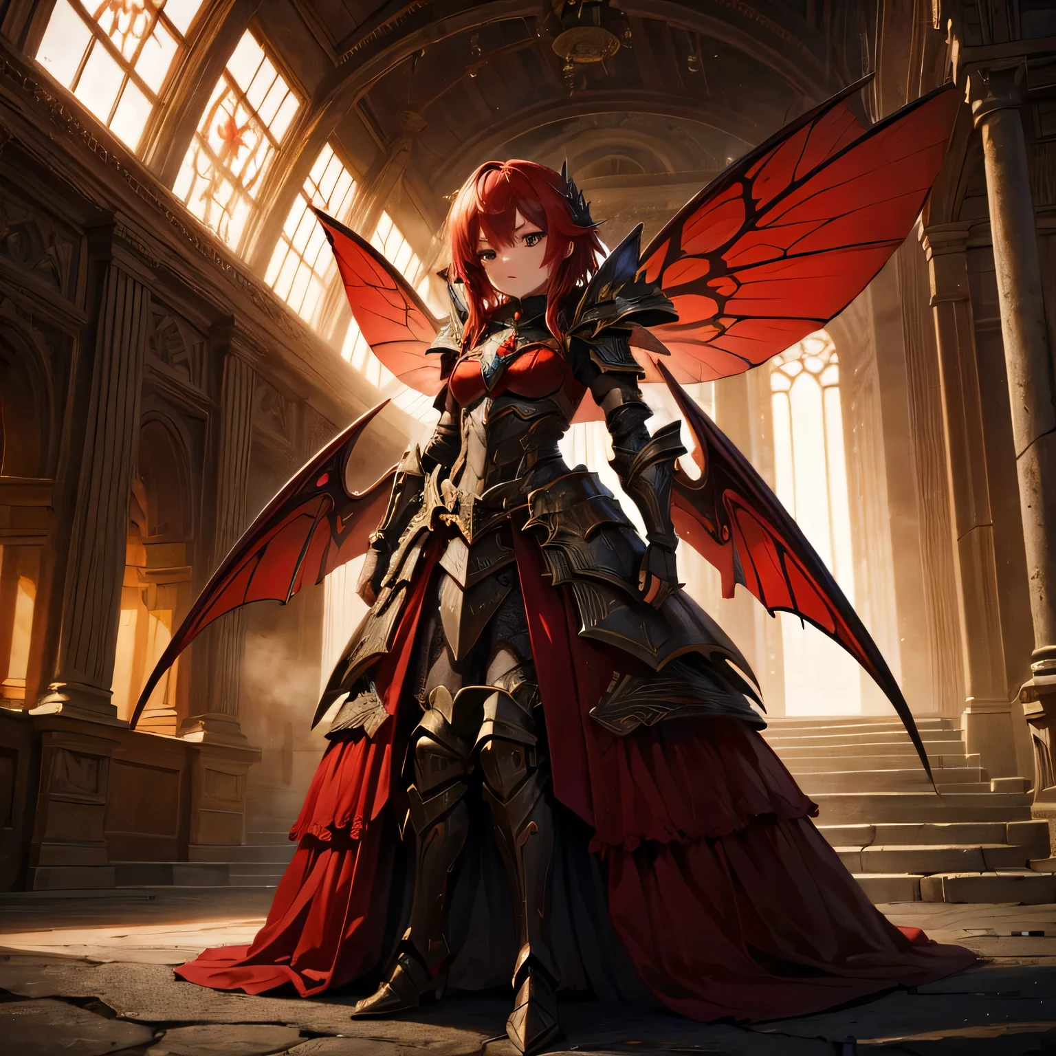 a beautiful red-haired fairy, with delicate red fairy wings, with shimmering wings, full body, in a futuristic city, wearing a black dress armor with red details, detailed facial features, highly detailed, masterpiece, 8k, cinematic lighting, vivid colors, fantasy art