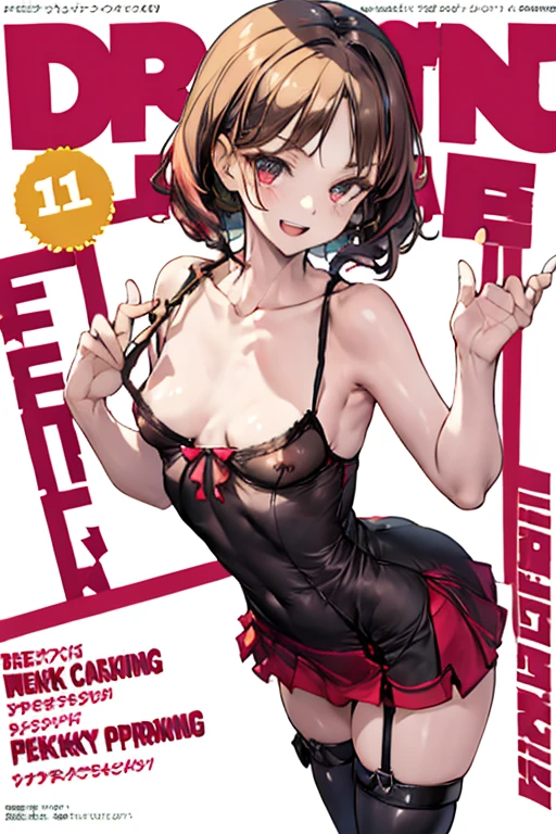 (small breasts:1.2), (perky chest:1.2), (pointed chest:1.2), (Pudding cake magazine cover:1.3),(from above:1.0),(shoot from the side:1.1),masterpiece, 1girl, Amazing Cleavage:1.1, thin waist, optimum,tmasterpiece,hight resolution,best qualtiy,hyper HD,super detailing,awardwinning,a 18yo cute girl,(The upper part of the body),anatomy correct,Beautiful Black miniskirt,garters,Gaze,Small face,bangss,holster,Beautuful Women,hands up,leg holster,Gaze,black boots,Cowboy Shot,cute face,a blond,Longhaire,Twin-tailed,Braids, Hairline,(scarlet eyes),long eyelasher,Hanging eye corners,White skin of the, ((see through camisole:1.1)), ((Sheer nipples:1.0)),Rocket Tits,(Slim body),smile,seductive weak smiling,(with sparkling eyes and a contagious smile),little open mouth, Looking at Viewer,