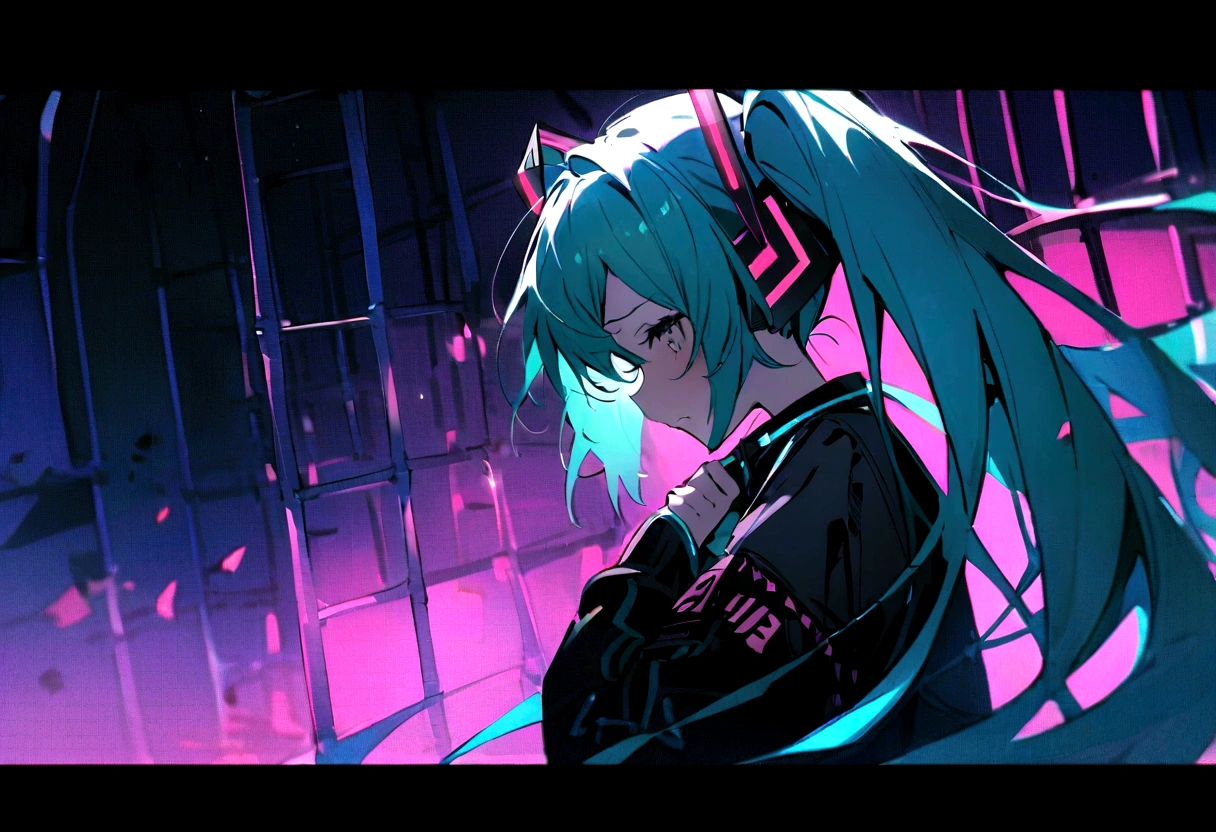 From the side、shout、sing、(((​masterpiece, hatsune miku, vocaloid, Super detailed、Digital Cage、Reaching out、Sad、shout、aloud、