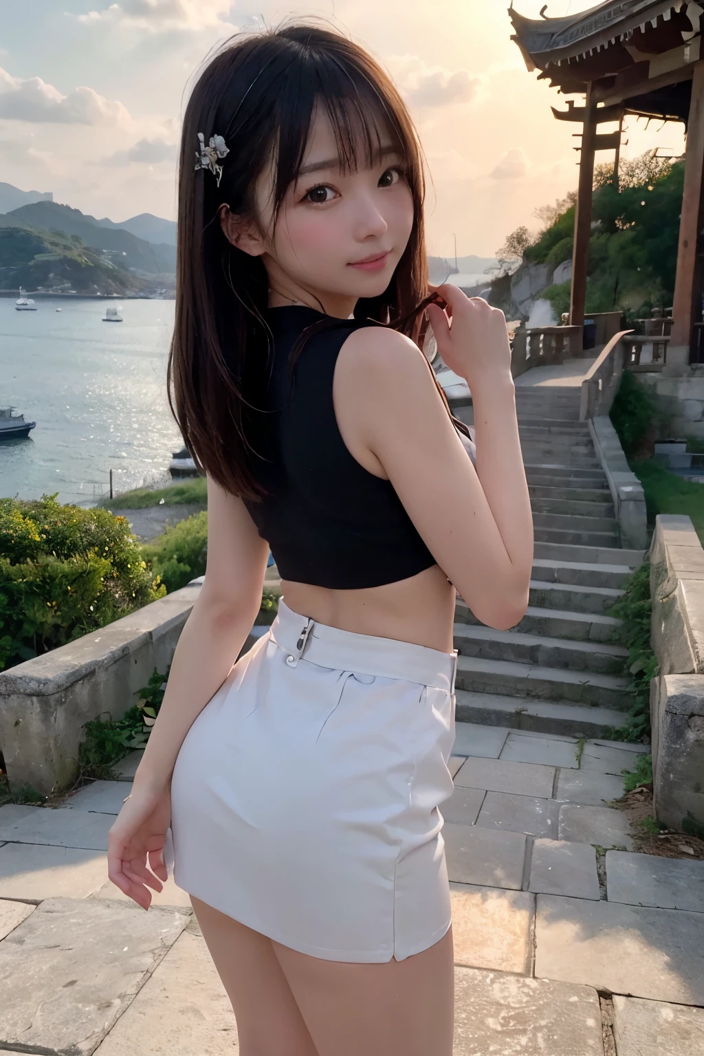 SFW, Looking Back Viewer, 
((((Port Town:1.5, Many Steep Stone Steps in the Mountain:1.5, Temples existing Halfway in the Mountain:1.5, too Many Small Islands:1.2, Small Ferries:1.2, A Big Bridge which Connects Islands in the Other Side:1.2)))), 
Short Bob Cut:1.5, Japanese, 20-year-old girl:1.2, Wide-Set Eyes:1.2, (Messy Hair, Blush, Embarrassed, Very white skin, Open Mouse Slightly), Smiling:1.0, Ecstasy:1.0, Pout:1.0, School Mini Skirt:1.2, No hair accessories:1.0, 
Medium ASS, Small Breasts, (Very protruding buttocks:1.5, Very high protruding buttocks:1.5, The waist is slim), 
(8K, RAW Photo, Best Quality, Masterpiece:1.2), (Realistic, PhotoRealistic), (Extremely Detailed 8K Wallpaper), (Perfectly anatomically correct:2.4, Beautifully Detailed Eyes, Finely Detailed Face), 
One Hand on own Face:1.0, 
from Below:1.5, from Side:1.2, from Back, Full Body, Dynamic Angle, 
((Professional Lighting:1.5))