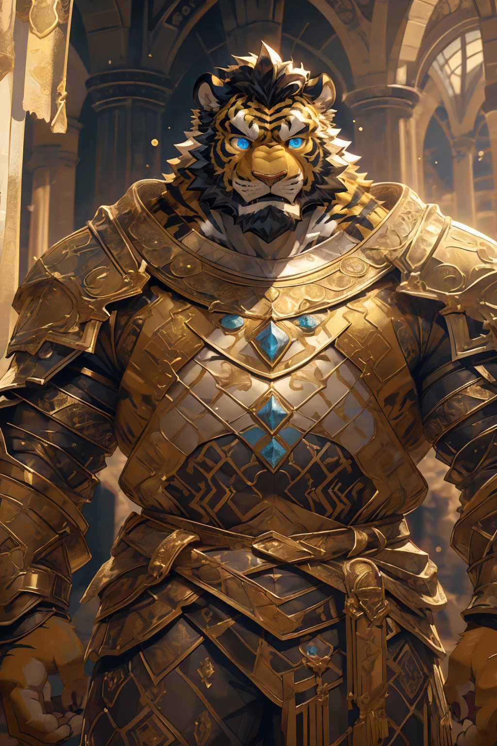 (Scarred body),(Medieval armor:1.5),king,16k high quality detailed art,(Medieval armor:1),(Golden Tiger:1.1), (((White and golden fur:1.5))),(Duotone),(A pair of eyes of different colors, One eye has a golden eye,The other eye has a blue eye:1.7),Both eyes are the same size:1.4),(Muscular body:1.3),Handsome,(OK),(Perfect face),(Exhausted:1.1),(Gold and white skin:1.3),(Full body description:1.3),Publaz, (Golden Tiger:1.1), (((Gold and white fur:1.3))),Handsome, (OK),Express,(Royal Palace Background),(Frightened expressions:1.3),(Golden Tiger tail),不同的Express,(A perfect masterpiece),(32k),(Abdominal muscles:1.3),(((middle aged:1.4))),(36 years old),(Gold Stripes),alone,(Black sideburns:1.2),(black beard:1.3),(Black Chin:1.3),(golden face pattern:1),(Very rich facial details:1.3),(Strong),(Mighty pose:1.3),Front view,(CG),(HD),(Black hair),Full body portrait,(Detailed background:1.3)