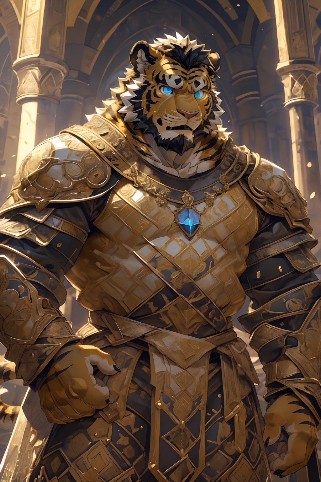 (Scarred body),(Medieval armor:1.5),king,16k high quality detailed art,(Medieval armor:1),(Golden Tiger:1.1), (((White and golden fur:1.5))),(Duotone),(A pair of eyes of different colors, One eye has a golden eye,The other eye has a blue eye:1.7),Both eyes are the same size:1.4),(Muscular body:1.3),Handsome,(OK),(Perfect face),(Exhausted:1.1),(Gold and white skin:1.3),(Full body description:1.3),Publaz, (Golden Tiger:1.1), (((Gold and white fur:1.3))),Handsome, (OK),Express,(Royal Palace Background),(Frightened expressions:1.3),(Golden Tiger tail),不同的Express,(A perfect masterpiece),(32k),(Abdominal muscles:1.3),(((middle aged:1.4))),(36 years old),(Gold Stripes),alone,(Black sideburns:1.2),(black beard:1.3),(Black Chin:1.3),(golden face pattern:1),(Very rich facial details:1.3),(Strong),(Mighty pose:1.3),Front view,(CG),(HD),(Black hair),Full body portrait,(Detailed background:1.3)
