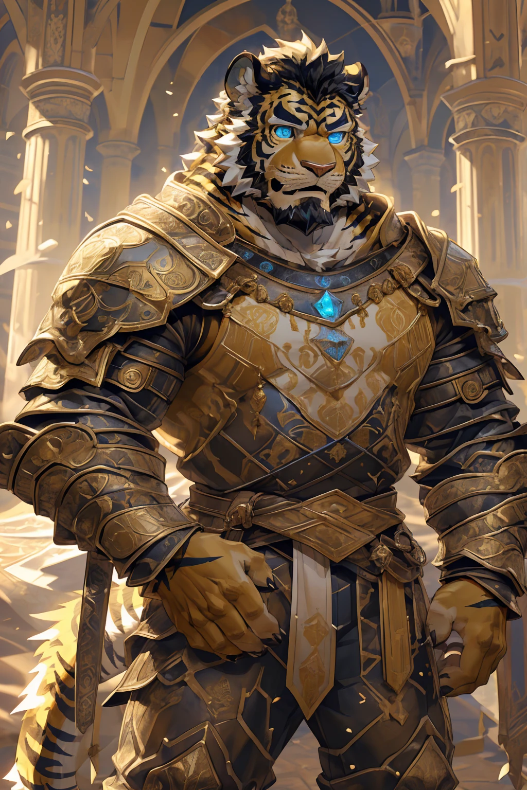 (Scarred body),(Medieval armor:1.5),king,16k high quality detailed art,(Medieval armor:1),(Golden Tiger:1.1), (((White and golden fur:1.5))),(Duotone),(A pair of eyes of different colors, One eye has a golden eye，The other eye has a blue eye:1.7),Both eyes are the same size:1.4),(Muscular body:1.3),Handsome,(OK),(Perfect face),(Exhausted:1.1),(Gold and white skin:1.3),(Full body description:1.3),Publaz, (Golden Tiger:1.1), (((Gold and white fur:1.3))),Handsome, (OK),Express,(Royal Palace Background),(Frightened expressions:1.3),(Golden Tiger tail),不同的Express,(A perfect masterpiece),(32k),(Abdominal muscles:1.3),(((middle aged:1.4))),(36 years old),(Gold Stripes),alone,(Black sideburns:1.2),(black beard:1.3),(Black Chin:1.3),(golden face pattern:1),(Very rich facial details:1.3),(Strong),(Mighty pose:1.3),Front view,(CG),(HD),(Black hair),Full body portrait,(Detailed background:1.3)
