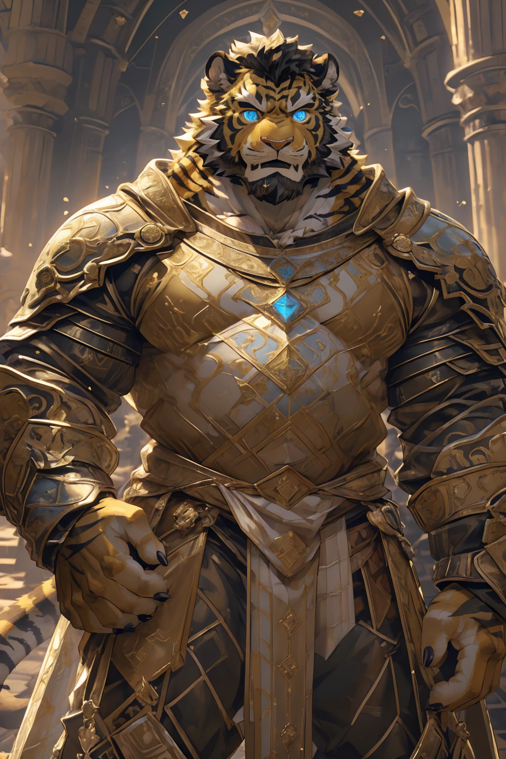 (Scarred body),(Medieval armor:1.5),king,16k high quality detailed art,(Medieval armor:1),(Golden Tiger:1.1), (((White and golden fur:1.5))),(Duotone),(A pair of eyes of different colors, One eye has a golden eye，The other eye has a blue eye:1.7),Both eyes are the same size:1.4),(Muscular body:1.3),Handsome,(OK),(Perfect face),(Exhausted:1.1),(Gold and white skin:1.3),(Full body description:1.3),Publaz, (Golden Tiger:1.1), (((Gold and white fur:1.3))),Handsome, (OK),Express,(Royal Palace Background),(Frightened expressions:1.3),(Golden Tiger tail),不同的Express,(A perfect masterpiece),(32k),(Abdominal muscles:1.3),(((middle aged:1.4))),(36 years old),(Gold Stripes),alone,(Black sideburns:1.2),(black beard:1.3),(Black Chin:1.3),(golden face pattern:1),(Very rich facial details:1.3),(Strong),(Mighty pose:1.3),Front view,(CG),(HD),(Black hair),Full body portrait,(Detailed background:1.3)