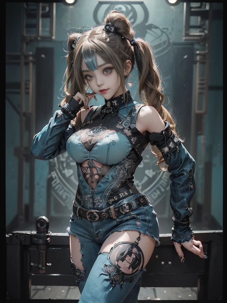 (Full Body View:1.4)、(Full body:1.3)、(Smiling with teeth showing:1.3),(Shibuya Gal:1.5)、(Gothic ta style fashion:1.5)、(Punk RockVisual Kei:1.5)、(Wearing a rhythmic gymnastics bodysuit with intricate details:1.4)、(Racing suit and pants with intricate turquoise, denim and charcoal decorations:1.5)、(Denim and light blue and turquoise boots:1.3)、((belt))、(Numerous delicate logo marks all over the costume:1.4)、(collar:1.3)、(Polka dot underwear:1.5)、20-year-old、NSFW、((Highest quality、In 8K、masterpiece:1.3))、Sharp focus:1.2、(Layered Cut、Huge boobs:1.1),Beautiful woman with perfect figure:1.4、(do a gravure pose:1.3)、Slender Abs:1.2、Highly detailed face and skin texture、Detailed eyes、double eyelid,(Twin tails:1.3)、(Brown-golden hair:1.3)、Gravure idol、(The background is the stage of the fashion show:1.3)、(Slim body:1.3),(Make your legs thinner:1.4),(clavicle:1.1)