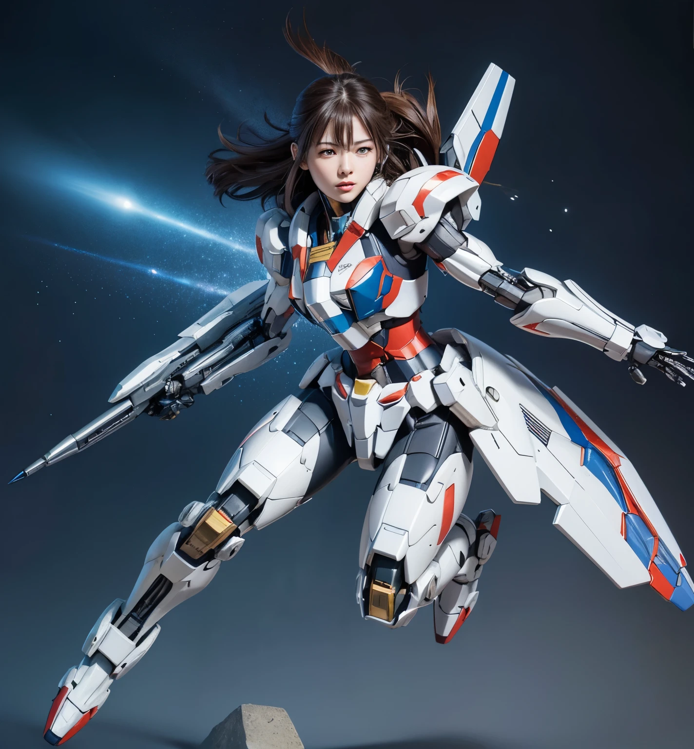 Textured skin, Super Detail, Attention to detail, high quality,high quality, High resolution, 1080p, hard disk, beautiful,(Gundam Aerial),Beautiful cyborg woman,Mecha Cyborg Girl,battle mode,Girl with a mechanical body,She wears a futuristic Gundam mecha,Full Body Shot