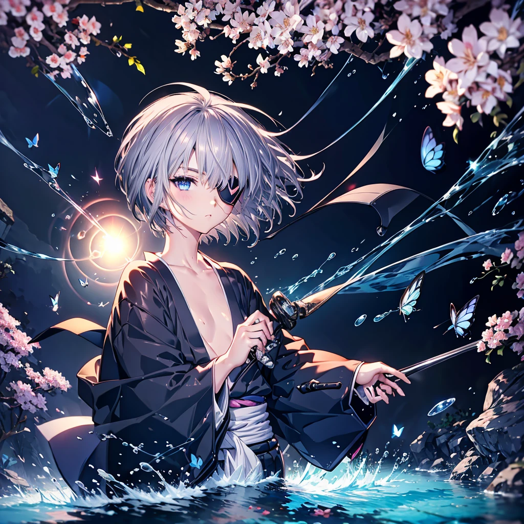 (((1 person Gray Hair))) ((((Eye patch)))) (((short hair Black kimono))) ((Shoulder Rin々Funny face Hold the sword)) ((Black Band samurai Lonely despair blue eyes Pull camera)) ((Blue Butterfly night Japanese style old Cherry Blossom Garden water surface Catch the wind Scattering cherry blossom petals)) ((Japanese sword Two-Way Slashing Bathed in light)) ((刀のreflection Pink light reflection)) 月night moonlight star Draw your sword Shining Background Shining Edge