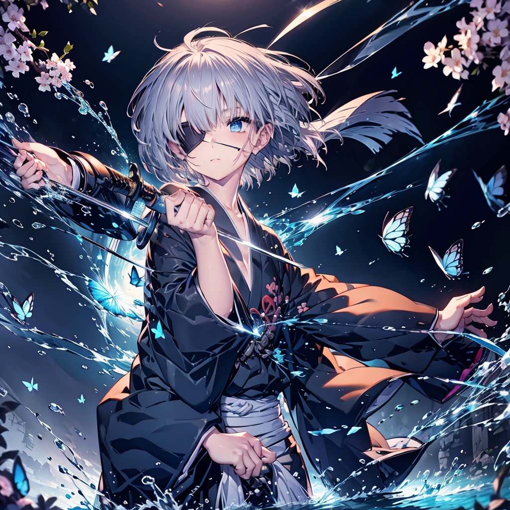 (((1 person　Gray Hair)))　((((Eye patch))))　(((short hair　Black kimono)))　((Shoulder　Rin々Funny face　Hold the sword))　((Black Band　samurai　Lonely　despair　blue eyes　Pull camera))　((Blue Butterfly　night　Japanese style　old　Cherry Blossom Garden　water surface　Catch the wind　Scattering cherry blossom petals))　((Japanese sword　Two-Way　Slashing　Bathed in light))　((刀のreflection　Pink light　reflection))　月night　moonlight　star　Draw your sword　Shining Background　Shining Edge