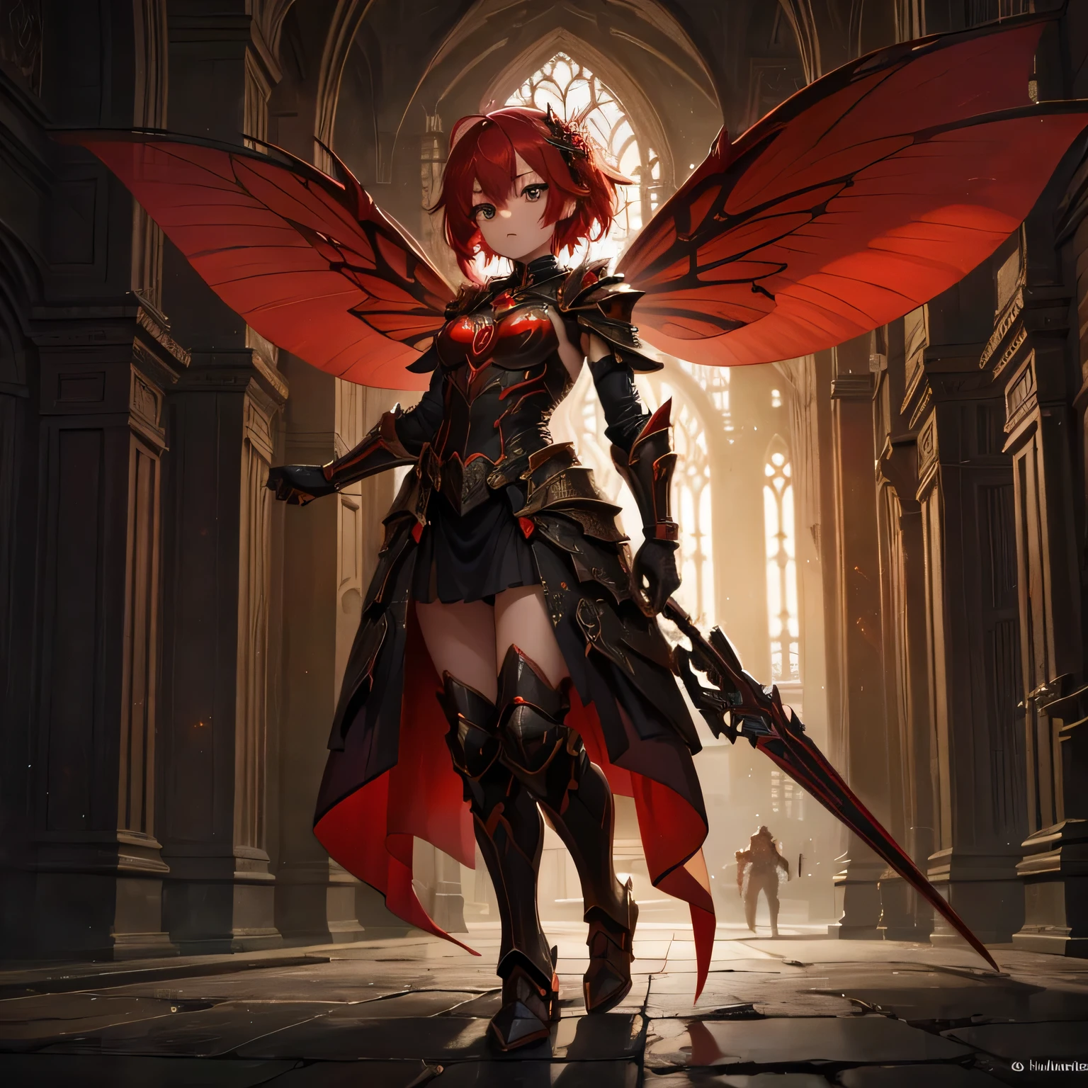 a beautiful red-haired fairy, with delicate red fairy wings, with shimmering wings, full body, in a futuristic city, wearing a black dress armor with red details, detailed facial features, highly detailed, masterpiece, 8k, cinematic lighting, vivid colors, fantasy art