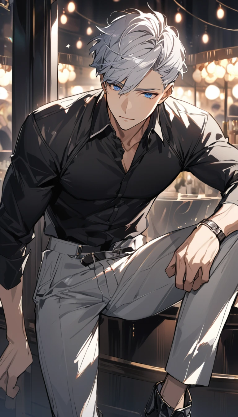 Handsome，Handsome，fair，1 male，alone，boy，white short hair，blue eyes，black shirt，White short exquisite luxury windbreaker，Gray short suit pants，Black men&#39;s garter socks，leather shoes，blue Rose，White satin ribbon clothing decoration，Exquisite clothing details，calm expression