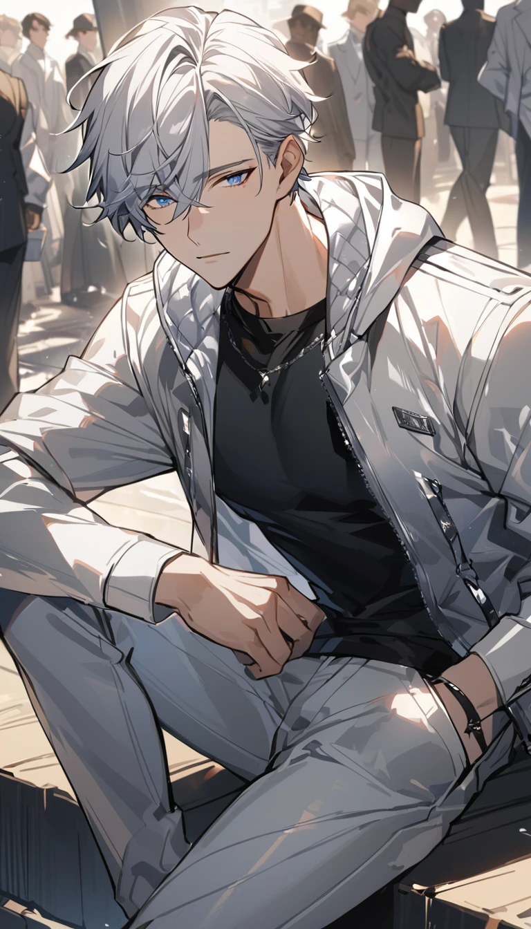 Handsome,Handsome,fair,1 male,alone,boy,white short hair,blue eyes,black shirt,White short exquisite luxury windbreaker,Gray short suit pants,Black men's garter socks,leather shoes,blue Rose,White satin ribbon clothing decoration,Exquisite clothing details,calm expression