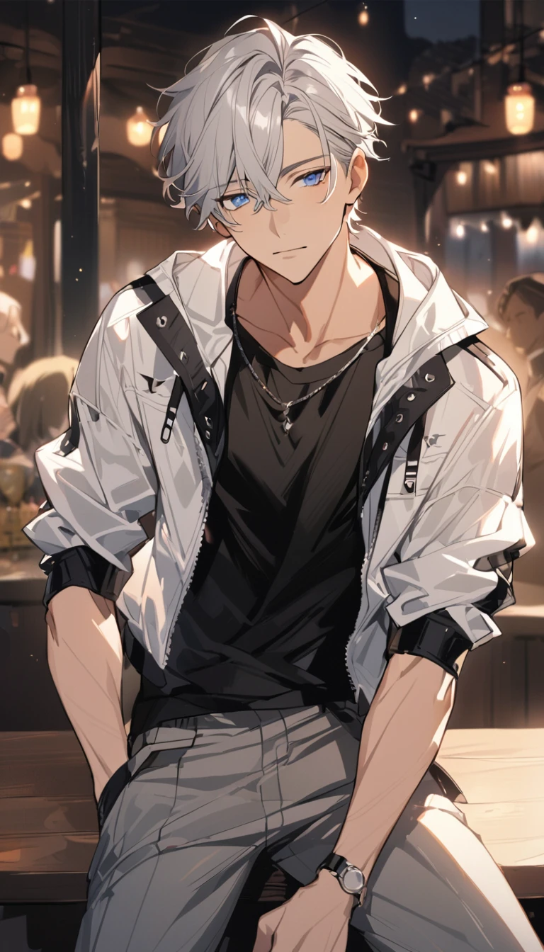 Handsome，Handsome，fair，1 male，alone，boy，white short hair，blue eyes，black shirt，White short exquisite luxury windbreaker，Gray short suit pants，Black men&#39;s garter socks，leather shoes，blue Rose，White satin ribbon clothing decoration，Exquisite clothing details，calm expression