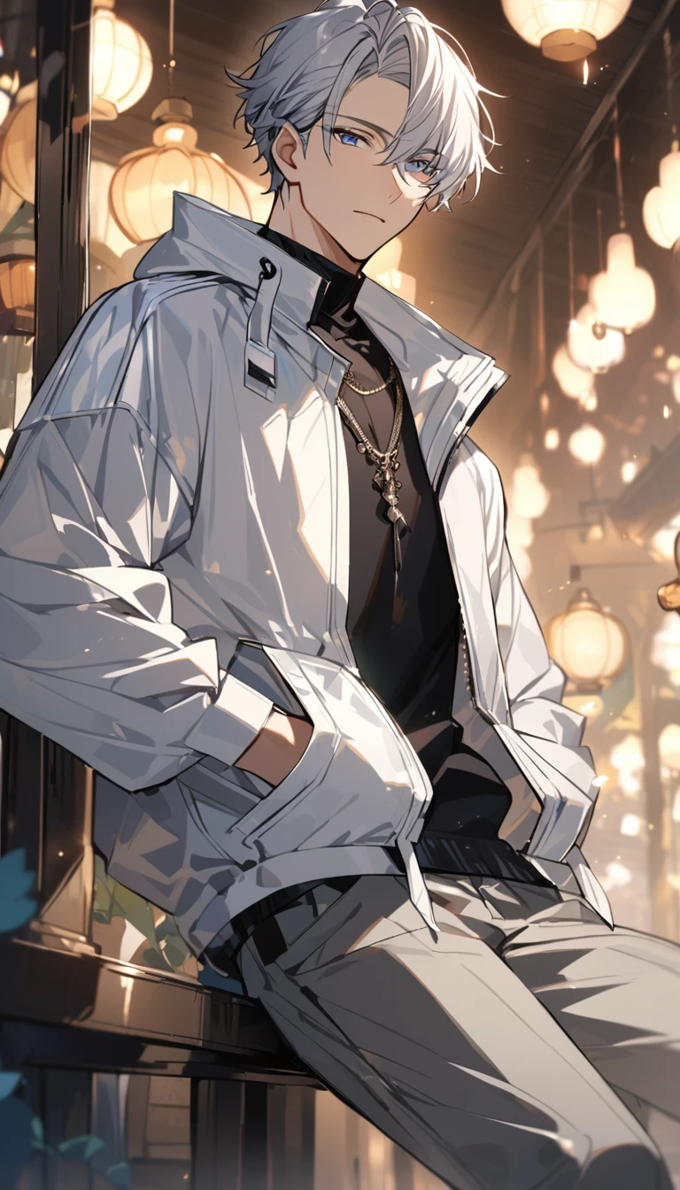 Handsome,Handsome,fair,1 male,alone,boy,white short hair,blue eyes,black shirt,White short exquisite luxury windbreaker,Gray short suit pants,Black men's garter socks,leather shoes,blue Rose,White satin ribbon clothing decoration,Exquisite clothing details,calm expression